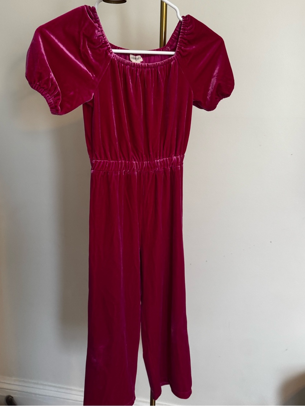 Crewcuts Velvet Off-Shoulder Jumpsuit in Bright Pink